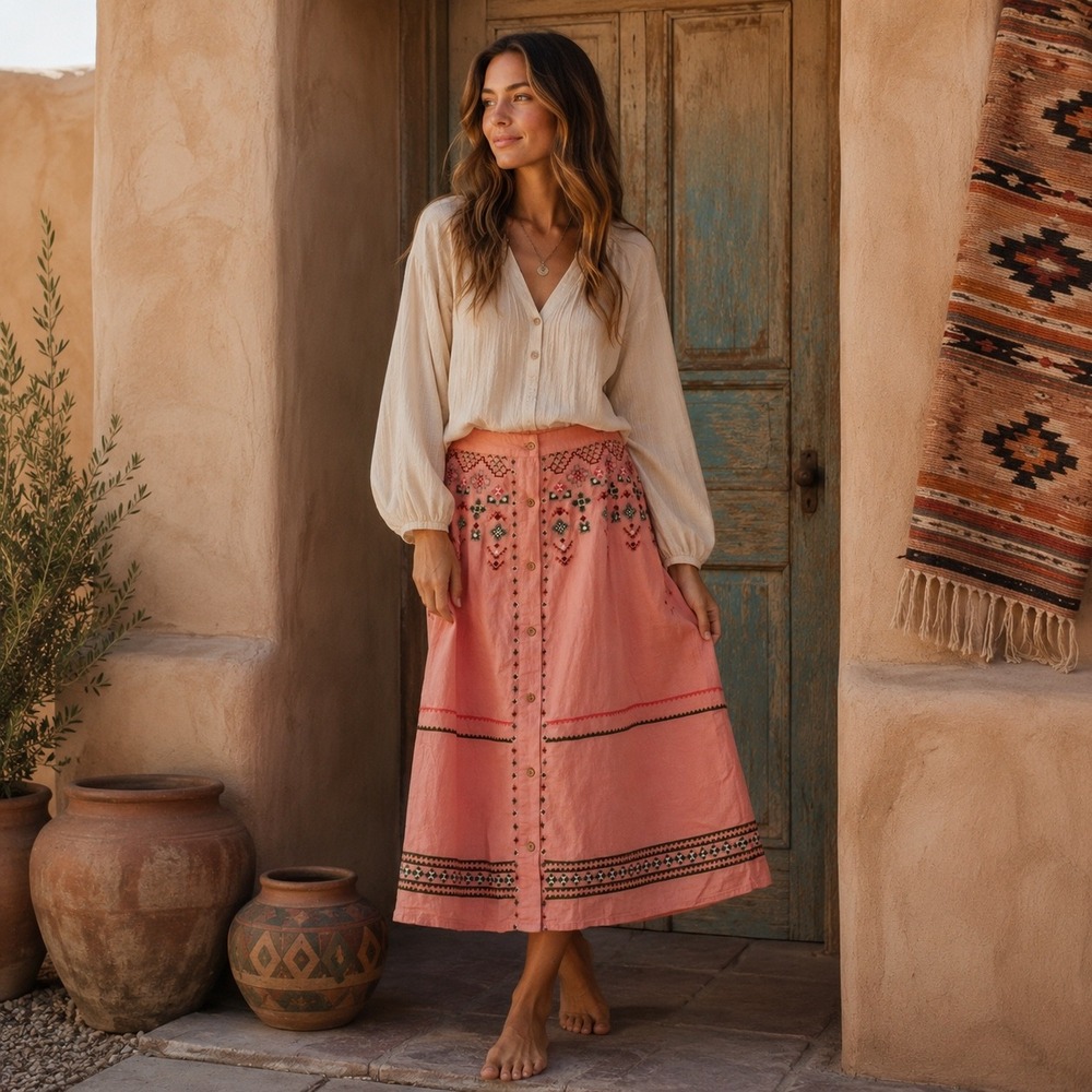 Canyon Retreat Embroidered Linen Blend Boho Skirt M Coral Cottagecore Prairie